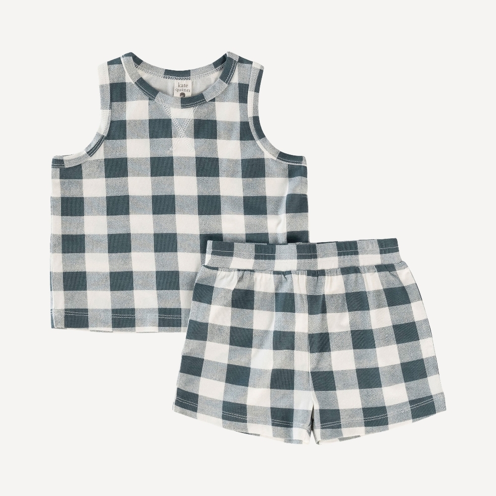 NWOT/EUC 2T Kate Quinn topstitch tank and short set slate blue gingham bamboo